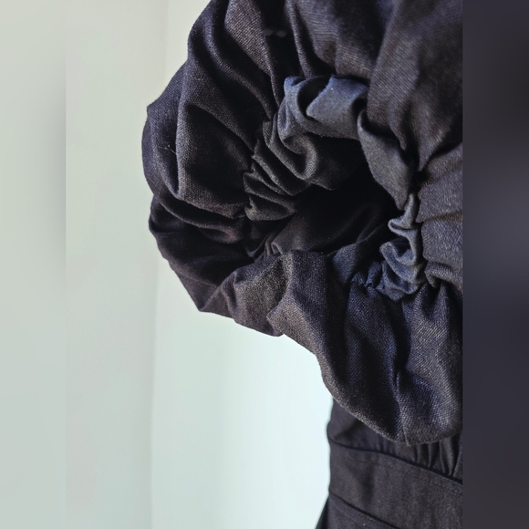 House Of Harlow 1960 Black Dress Puff Sleeve Flared Skirt Linen Size 4 S - Picture 4 of 12